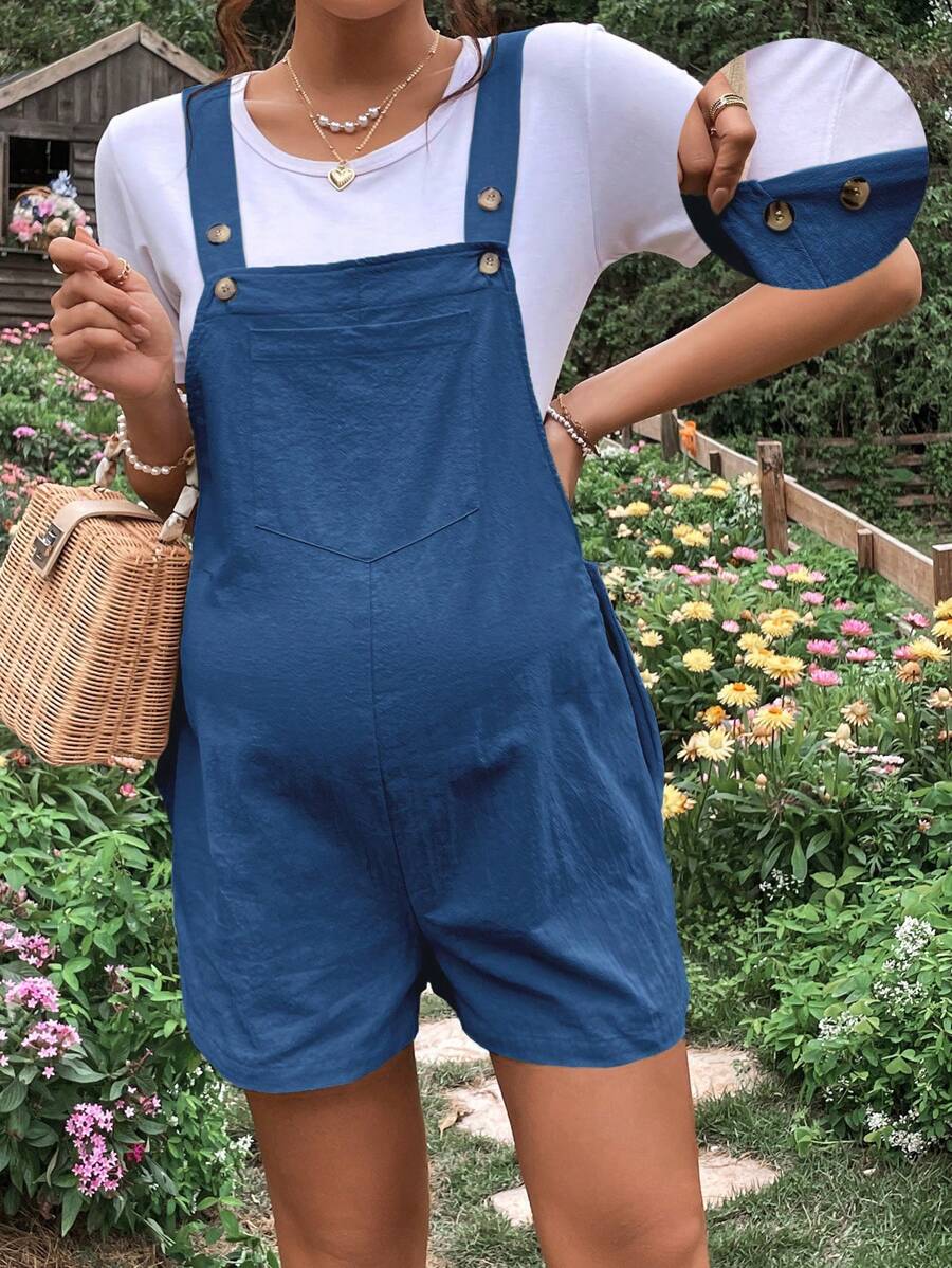 SHEIN Maternity Solid Pocket Patched Overall Romper Without Tee - Teal Blue - View 1