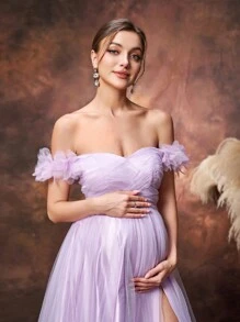 Faeriesty Vestido de fiesta de maternidad Dressalisa con detalles de aplicaciones y hombros descubiertos de tul - Lila Púrpura - Ver 6