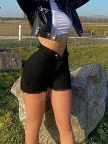 女式度假风口袋磨边休闲牛仔短裤 - 黑色 - 查看 3