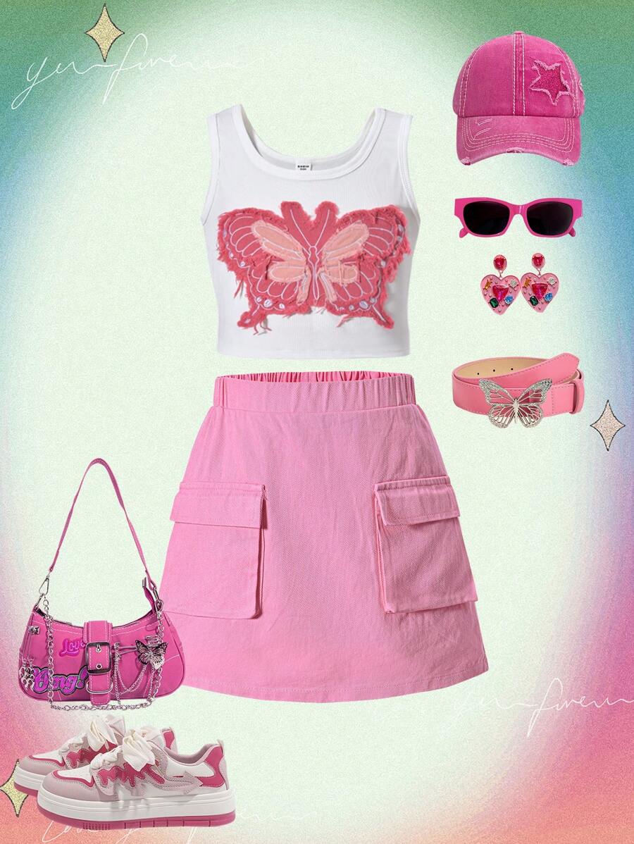 SHEIN Conjunto de 2 piezas de ropa callejera Y2K para niña preadolescente que incluye una camiseta con parche de mariposa rosa y una falda con diseño de patchwork
