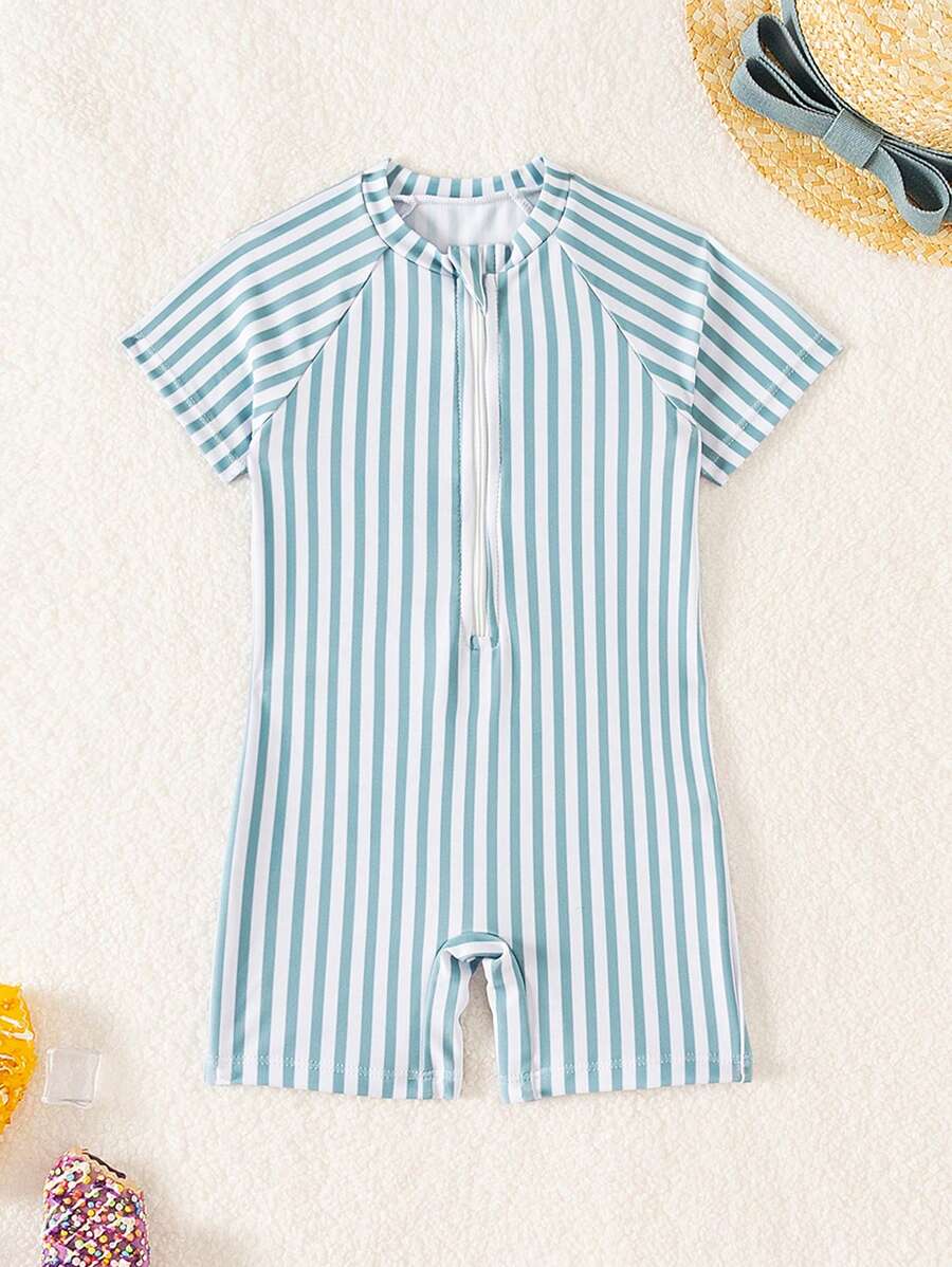 Minimalist Baby Boys' Zip-Up Short Sleeve Rash Guard, Casual Beach & Pool Swimsuit - Green - View 1