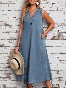 EMERY ROSE 女式夏季無袖寬鬆直筒牛仔連衣裙，V領口設計帶口袋 - 深色水洗藍 - 查看 6
