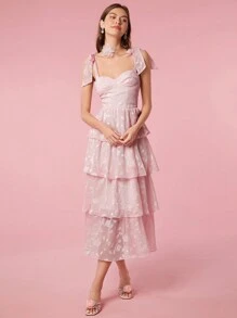 Enchnt 花卉提花帶肩層疊襬鬆緊罩衫連身裙 - 淺粉色 - 查看 6