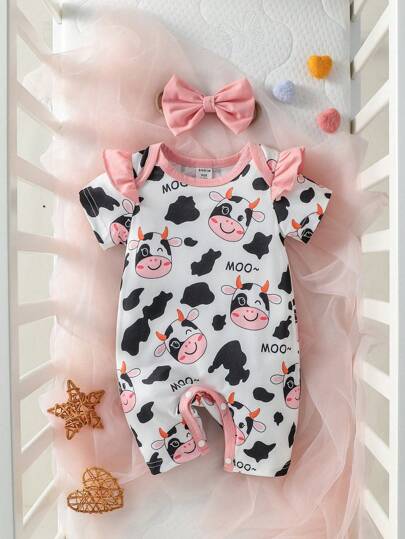 SHEIN Ropa De Una Sola Pieza Con Volantes Y Banda Para La Cabeza Con Diseño Gráfico De Letra Y Vaca Para Bebé Niña
