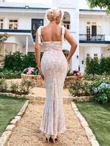 Backless Tie Mermaid Hem Ruched Contrast Lace Dress - White - View 2