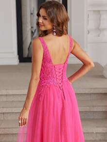 女士闪亮亮片刺绣网眼无袖派对礼服手工串珠蕾丝舞会礼服 A 字形系带后背亮片 V 领舞会礼服及地长背心返校节礼服青少年 - 玫紅色 - 查看 7