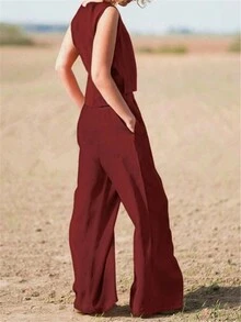 Simple Solid Color Casual Pants And Vest 2pcs/Set - Burgundy - View 2