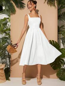 L'Amorae Square Neck Sleeveless Solid Dress - White - View 4
