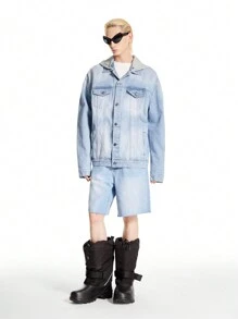 Manfinity Hypemode Men's Light Blue Vintage Distressed Denim Oversized Hooded Jacket - Light Wash - View 6