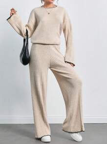 SHEIN Tall Drop Shoulder Sweater & Knit Pants - Khaki - View 3