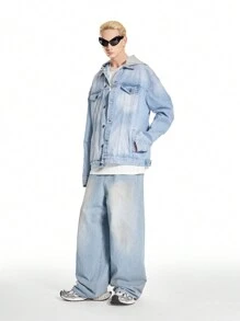 Manfinity Hypemode Men's Light Blue Vintage Distressed Denim Oversized Hooded Jacket - Light Wash - View 10