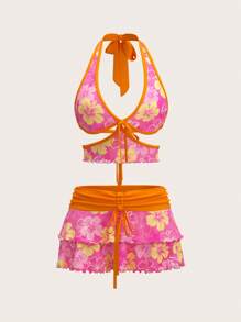 Sweetina Women's Summer Cute Holiday Hibiscus Flower Printed Halter Neck Backless Tank Top And Ruffled Tie Waist Skirt Set