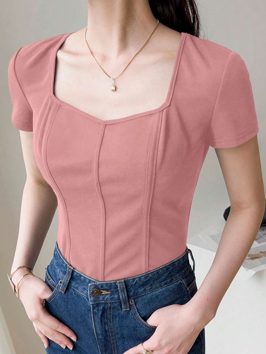 Mulvari Women's Summer Solid Color Sweetheart Neck Short Sleeve Casual T-Shirt