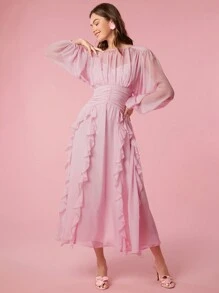 Enchnt Summer Holiday Romantic Elegant Ruffle Trim Lantern Sleeve Ruched Waist Pink Dress - Pink - View 4