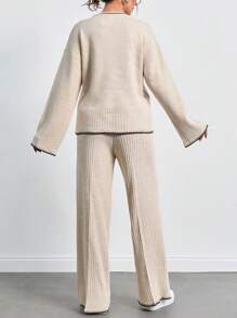 SHEIN Tall Drop Shoulder Sweater & Knit Pants - Khaki - View 2