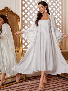 PalaceNights Camisole Sleep Dress And Contrast Lace Robe Elegant Pajama Set White Set Holiday Season, Fall Winter Clothes - White - View 1