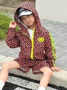 SHEIN Young Boys Geo Print Contrast Side Seam Hooded Jacket & Shorts - Brown - View 1