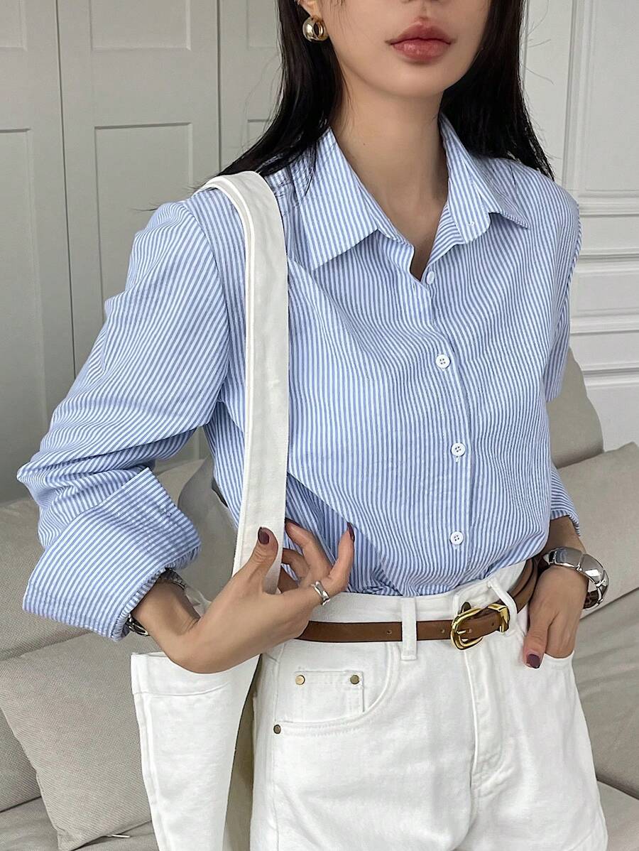 Livesso 女士休闲条纹长袖衬衫，春夏季，长袖上衣，秋季女装 - 藍色 - 查看 1