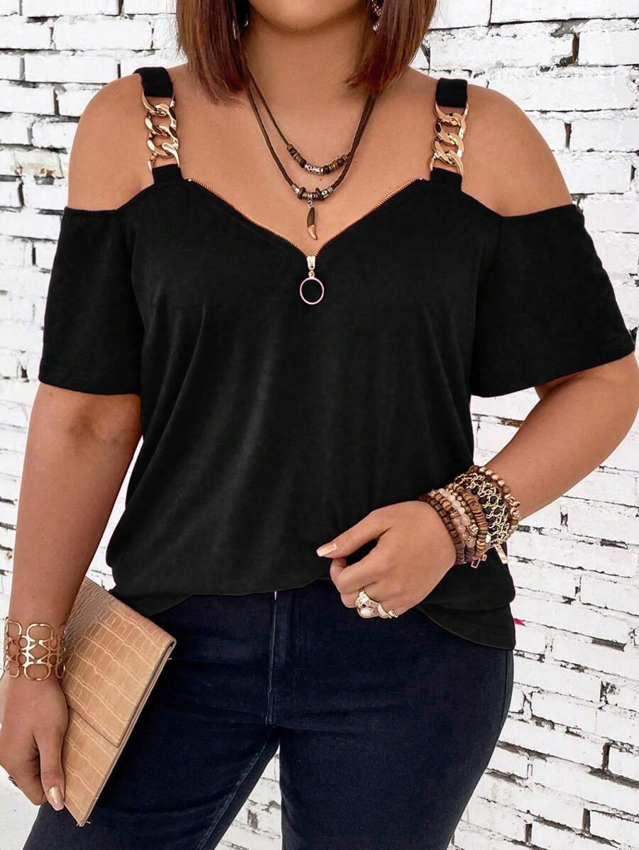SHEIN LUNE Plus Size Women's Summer Solid Color Chain Splice Cold Shoulder Short Sleeve Casual T-Shirt - Black - View 1