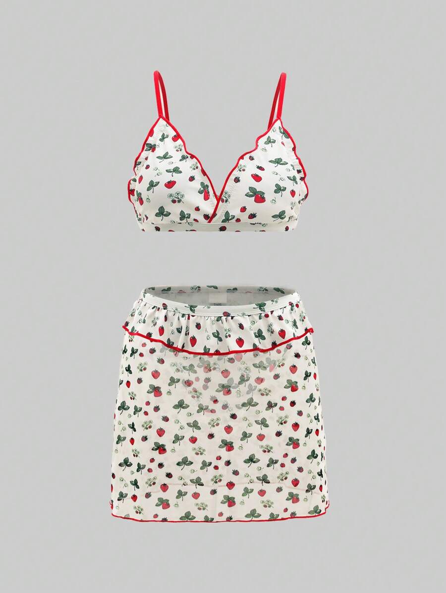 Bikini in họa tiết viền màu cho bé gái tuổi teen đi biển mùa hè, Bikini hai mảnh dây mảnh kèm chân váy phù hợp - Nhiều màu - Xem 1