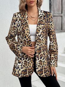 SHEIN Clasi Leopard Print Roll Tab Sleeve Blazer