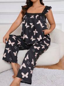 Große Größen- Pyjama Set mit Schmetterling Muster, Quadratisch-Ausschnitt und Spitzenverzierung