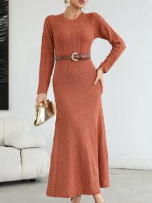 Knit Mix 秋冬長袖針織毛衣裙（圖案隨機） - 鏽棕色 - 查看 5