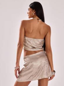 MUSERA Metallic Bandeau Style Longline Crop Top Vacation Spring Summer - Khaki - View 2