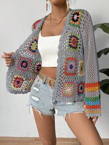 Breezaya 女士多巴胺色中空針織毛衣，春季防曬和度假穿著，2024年新款寬鬆長袖針織衣 - 灰色 - 查看 4