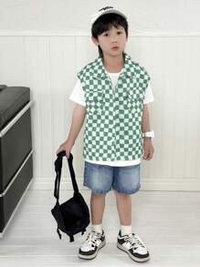 SHEIN 3pcs/Set Young Boy Sporty Preppy Plaid Pocket Sleeveless Jacket,Solid Color Short Sleeve T-Shirt And Denim Shorts,Back-To-School Summer Street Wear - Multicolor - View 3