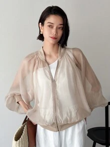 FRIFUL Zip Up Long Sleeve Bomber Jacket Sheer