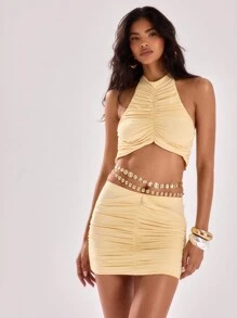 MUSERA 性感露背吊带无袖褶皱露脐上衣，适合度假、春夏穿着