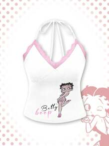 Betty Boop | ROMWE Plus Figure & Letter Graphic Lace Trim Halter Top - White - View 1