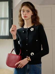 Simple Retro Cárdigan de mujer con bloqueo de color y bordado floral, primavera/otoño