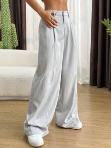 SHEIN EZwear Quần ống rộng xếp ly sọc rộng thông thường dành cho nữ - Xám - Xem 5