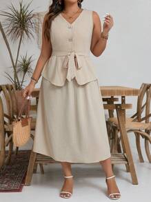SHEIN Frenchy Vestido Longo Plus Size com Laço e Costas Lace-Up, Estilo 2 em 1, Férias, Tecido de Linho Confortável e Respirável, Estilo Francês para Vestidos Femininos de Verão - Damasco - Visão 6