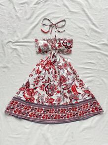 Soleia Blue & White Floral Print Drawstring Spaghetti Strap Hollow Out Waist Romantic Casual Vacation Dress For Women