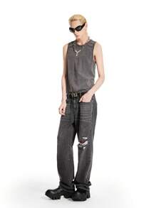 Chillumni Quần Jeans Denim Ống Loe Rách Màu Xám Đậm Cho Nam - Màu xám đen - Xem 11