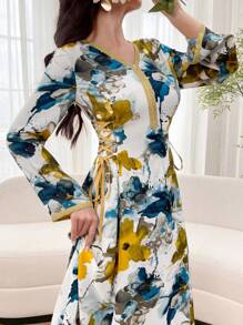 Al Najma Tie-Dye Print Dress With Metallic Trim And Side Tie Fall Cloth For Women