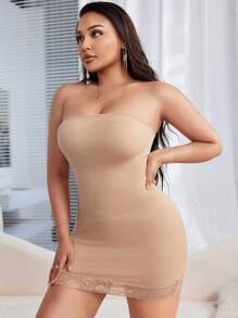 Plus Contrast Lace Seamless Shapewear Strapless Dress - Apricot - View 5