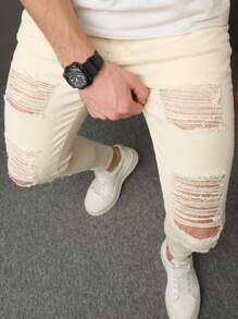 Manfinity LEGND Men's Skinny Stretch Ripped Jeans With Pockets, Casual And Versatile - Khaki - View 3