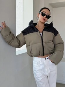 DAZY Abrigo corto acolchado con capucha y bloques de color para mujer, ropa de invierno, ropa de invierno para mujer, abrigo acolchado chaqueta para mujer escuela - Verde Oliva - Ver 11