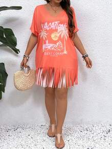 SHEIN VCAY Plus Size Off-Shoulder Tassel Tropical Print Casual Dress
﻿