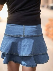 女性時尚Y2K雙層邊條牛仔迷你裙