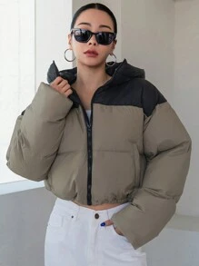 DAZY Abrigo corto acolchado con capucha y bloques de color para mujer, ropa de invierno, ropa de invierno para mujer, abrigo acolchado chaqueta para mujer escuela - Verde Oliva - Ver 8