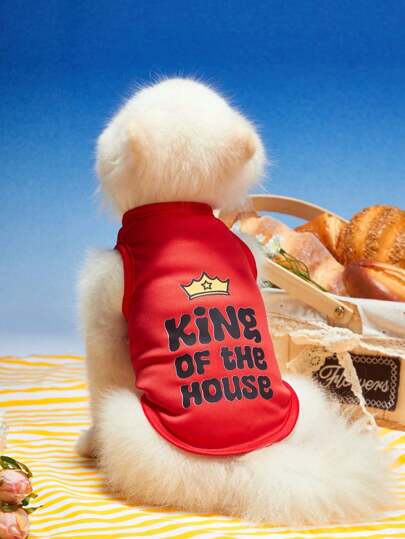 Debiesn Artist King Of The House Pet Cat Dog Vest, Red With Crown & Letters Print, Comfortable & Breathable Summer Tank Top, 1 Piece, Holiday
