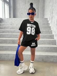 SHEIN Tween Girl Letter Graphic Drop Shoulder Tee & Shorts - Black - View 2