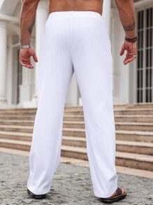 Manfinity Homme Pantalon décontracté pour homme avec cordon de serrage à la taille, jambe droite et coupe ample de couleur unie - Blanc - Voir 2