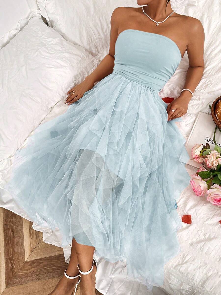 Rafferiza Vestido para Formatura de Verão & Recepção de Casamento, Vestido Longo Feminino Azul de Tule Tomara que Caia - Azul bebê - Visão 1