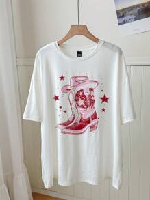 Attitoon Áo thun nữ tay ngắn cổ tròn in họa tiết cổ điển kiểu phương Tây, lý tưởng cho mùa hè - trắng - Xem 2